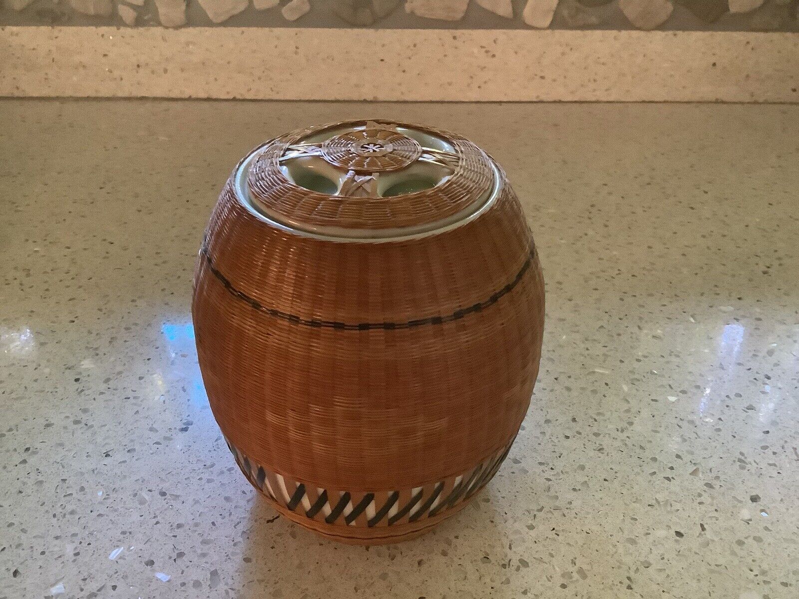 Vintage Asian Woven Wicker/ Bamboo Encased Ceramic Jar W/Lid, Handcrafted, China