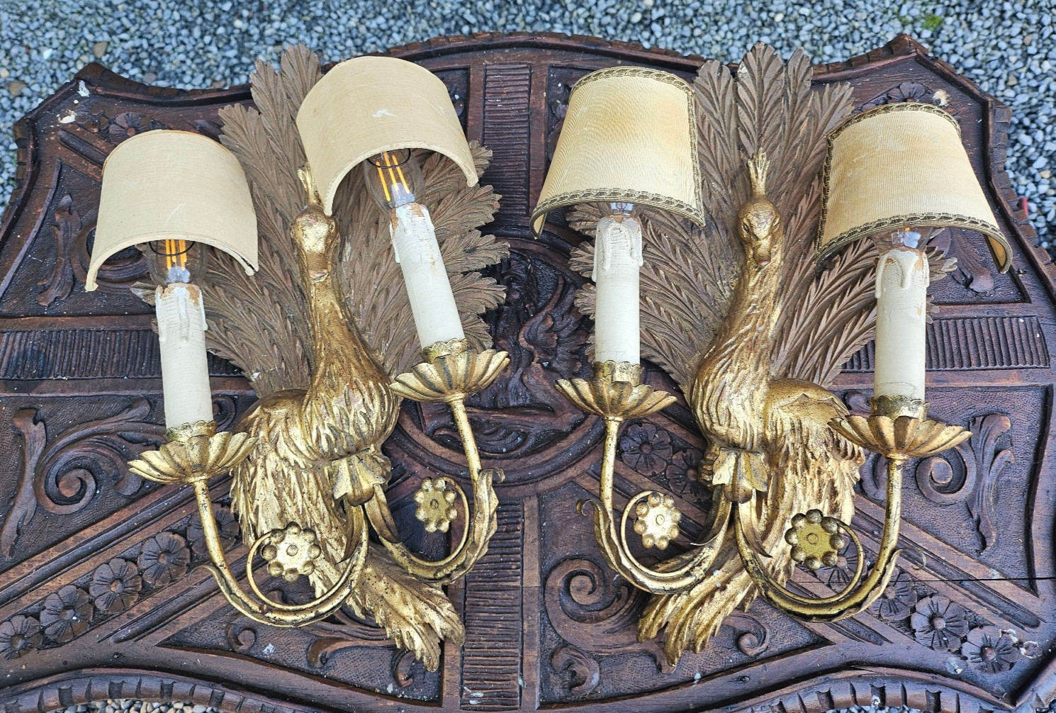 Italian vintage wood gold gilt peacock italian wall lights sconces 1970