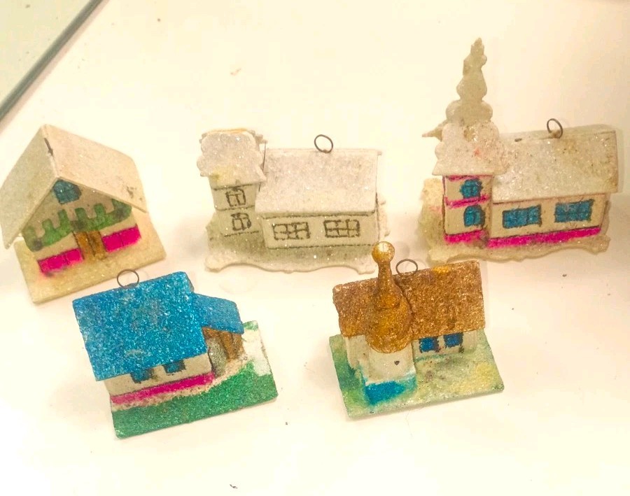 Vintage PreWar Czech Cardboard Putz House Xmas Ornaments Set of 5 All Stamped