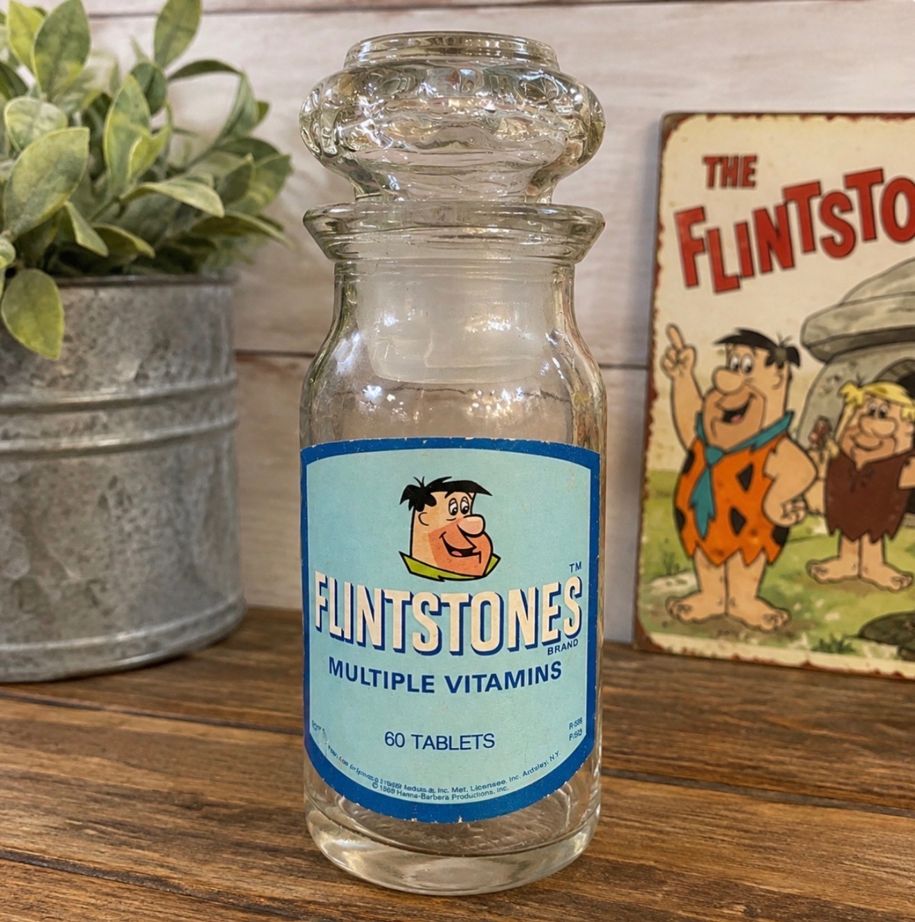 Vintage 1969 Flintstones Vitamins Glass Bottle Jar Hanna Barbera Collectible