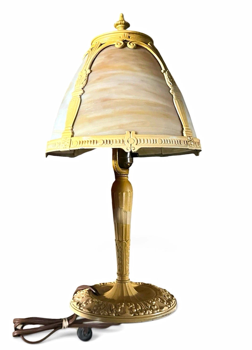 Antique Boudoir Lamp 4 Panel Slag Glass Shade 16.5” Edward Miller Co c1910-1930