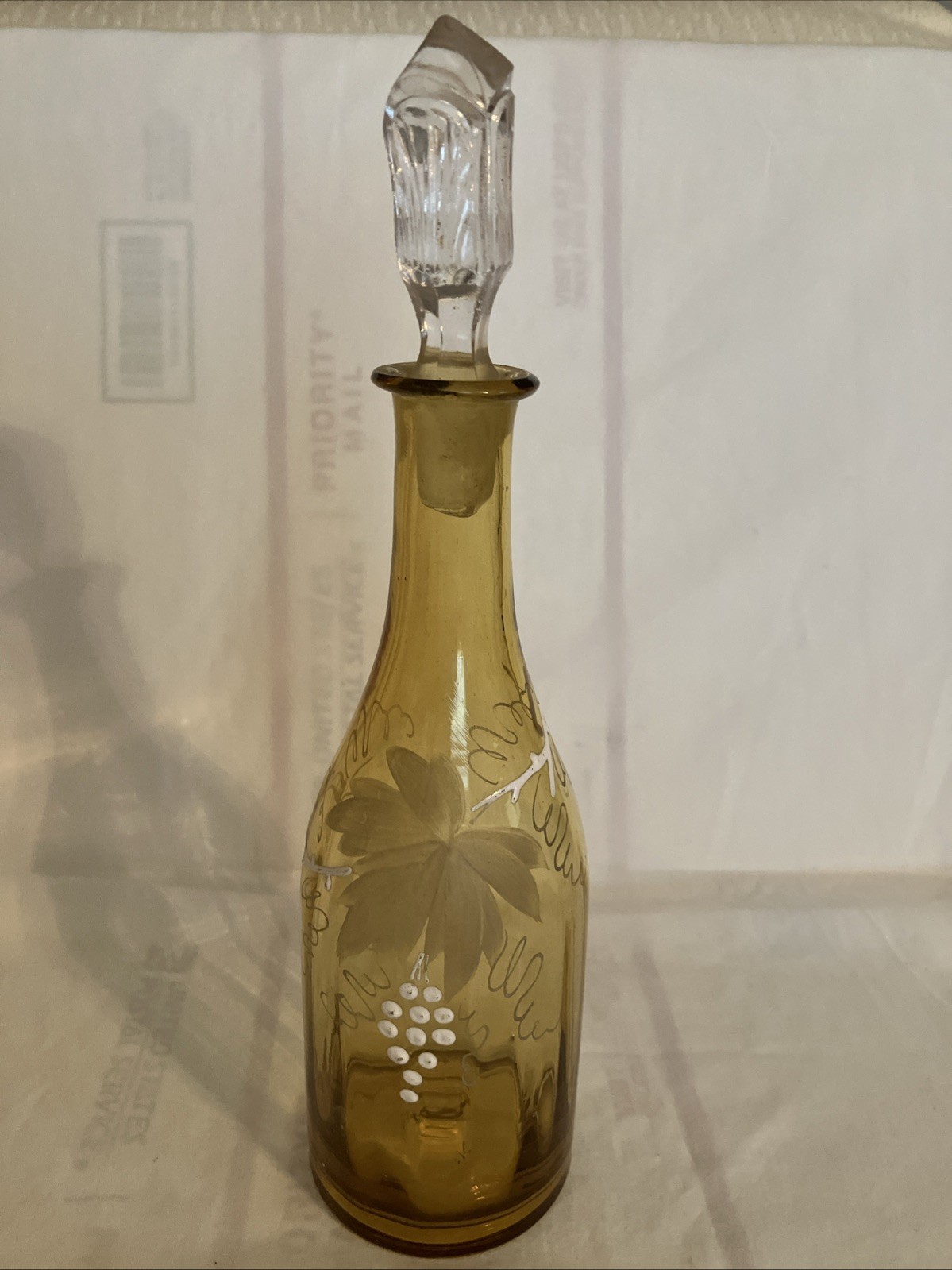 Vintage Glass Amber Bottle/Cruet & Stopper- Hand Painted Grapes