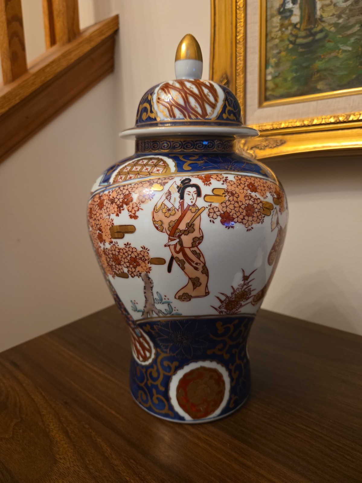 Imari Style Porcelain Ginger Jar w Lid Cobalt Blue Gold Geisha Cherry Blossom
