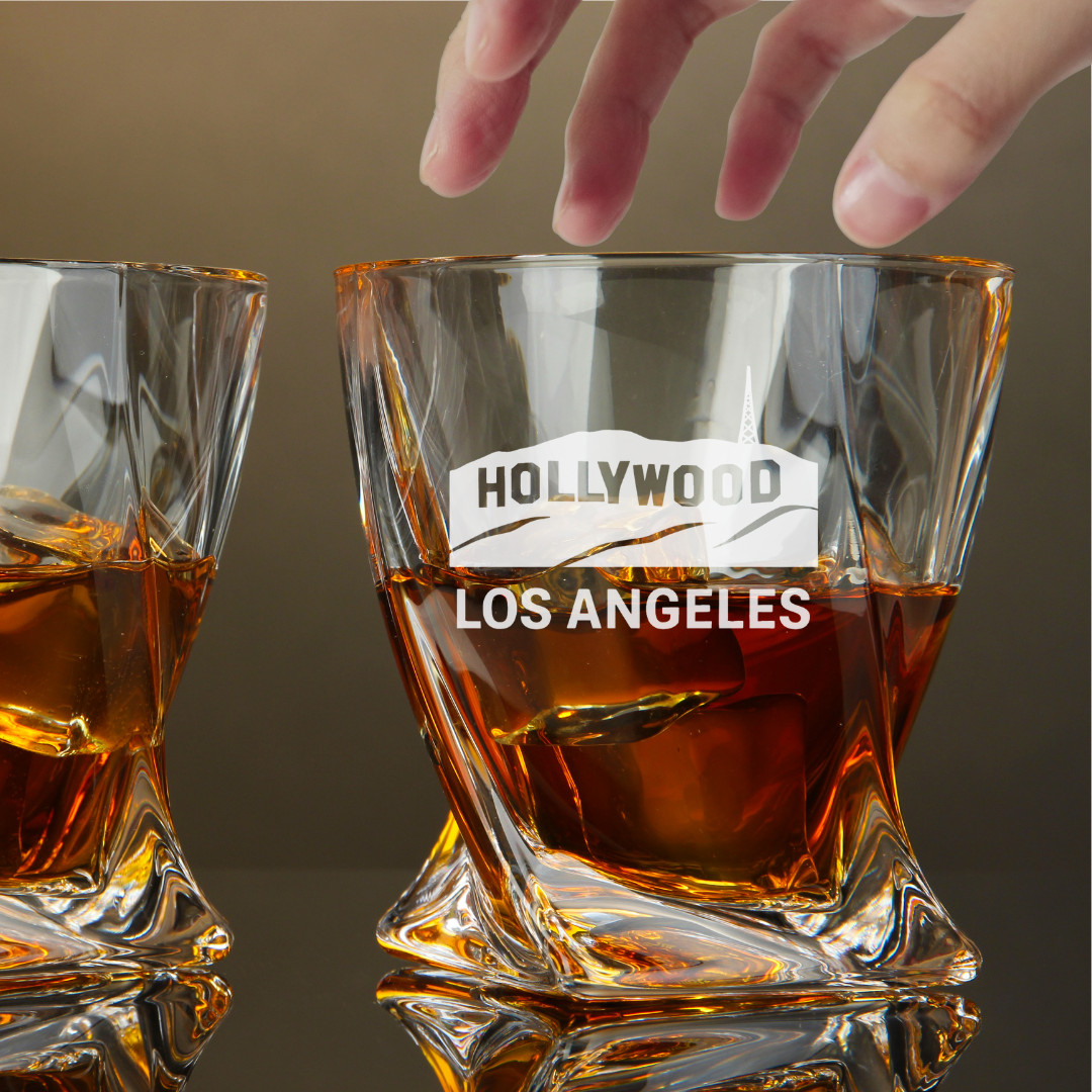 Custom Engraved Hollywood Sign Los Angeles Whiskey Glass – 10 oz Twisted Rocks