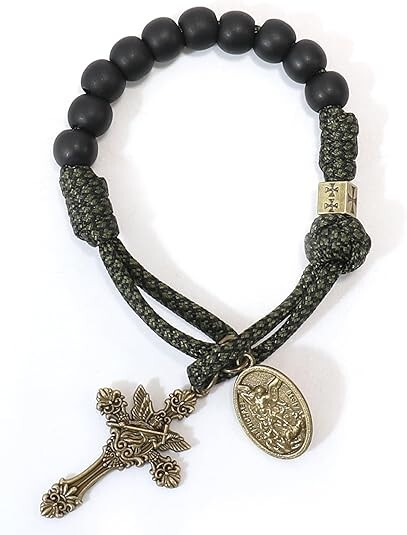 St. Michael One Decade Green Paracord Black Beads Bracelet Prayer Rosary