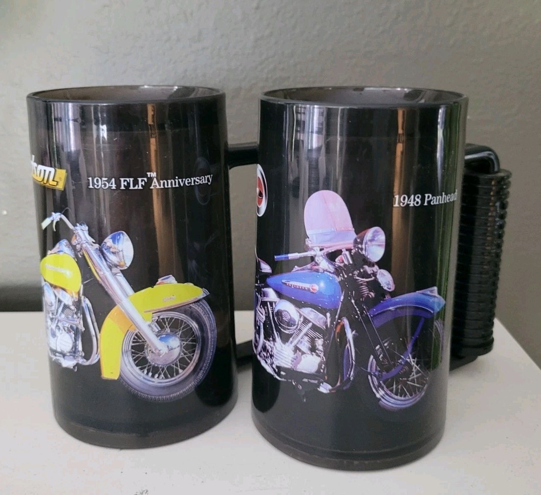 Harley Davidson 1948 Pan Head 1954 FLF Anniversary 1999 Frosty Mug Set Vintage