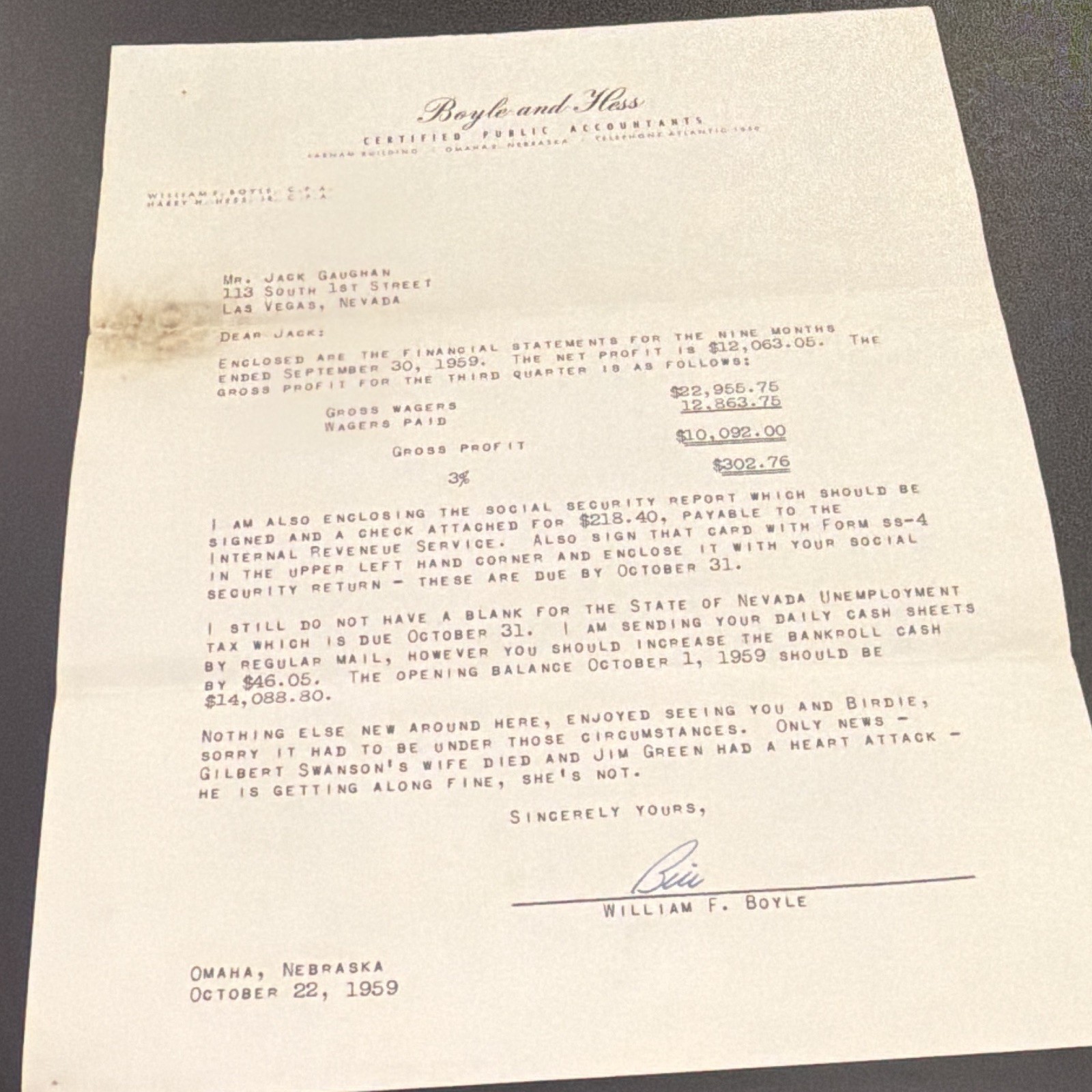 Vintage 1959 Las Vegas Sports Book Wagering Financial Letter to Jackie Gaughan