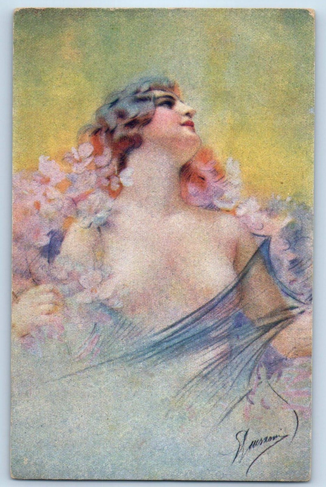 c1910's Pretty Woman With Flowers Guerzoni Signed Artist Italy Antique Postcard