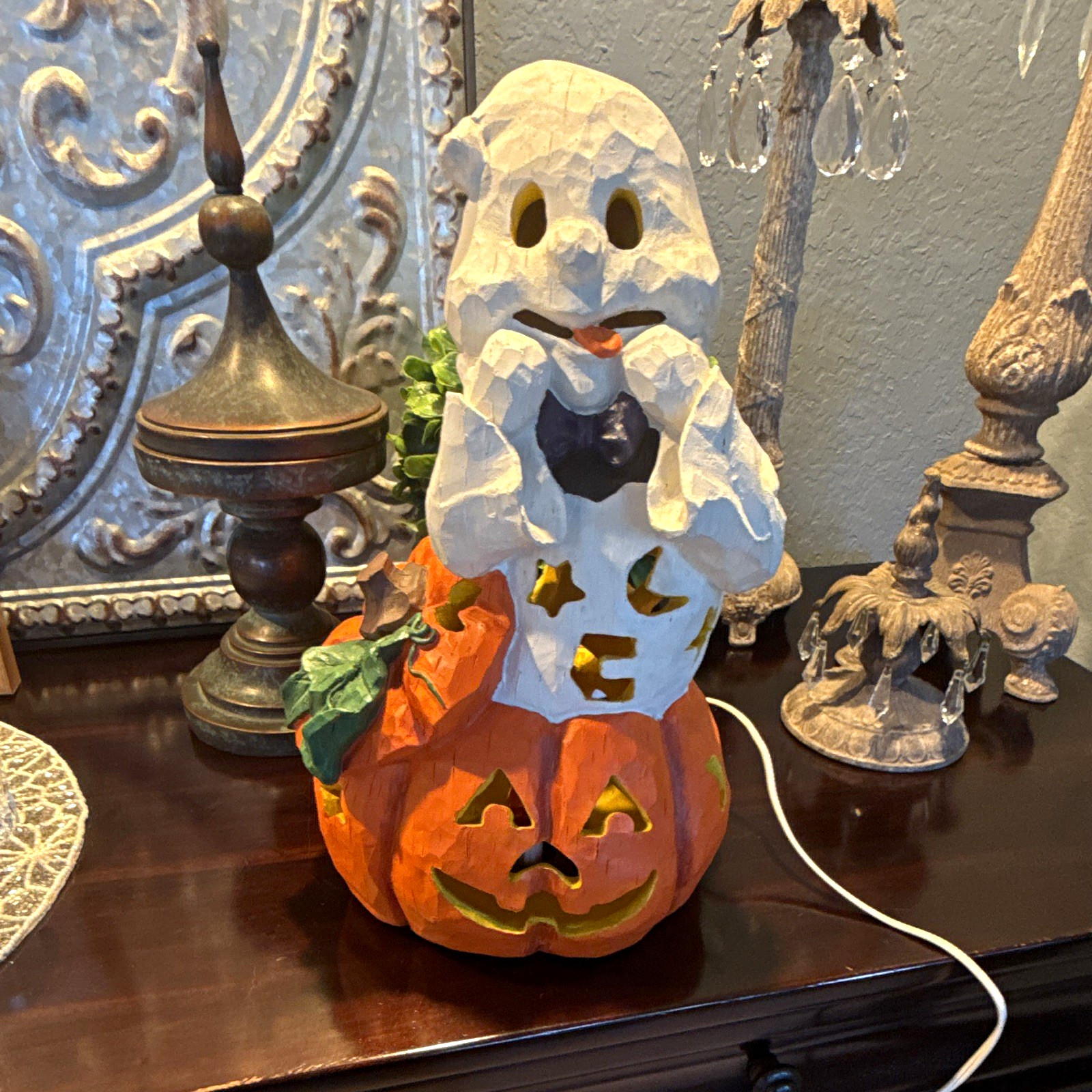 Vintage Halloween Ghost on Pumpkin Plug-In Light Decoration Orange/White