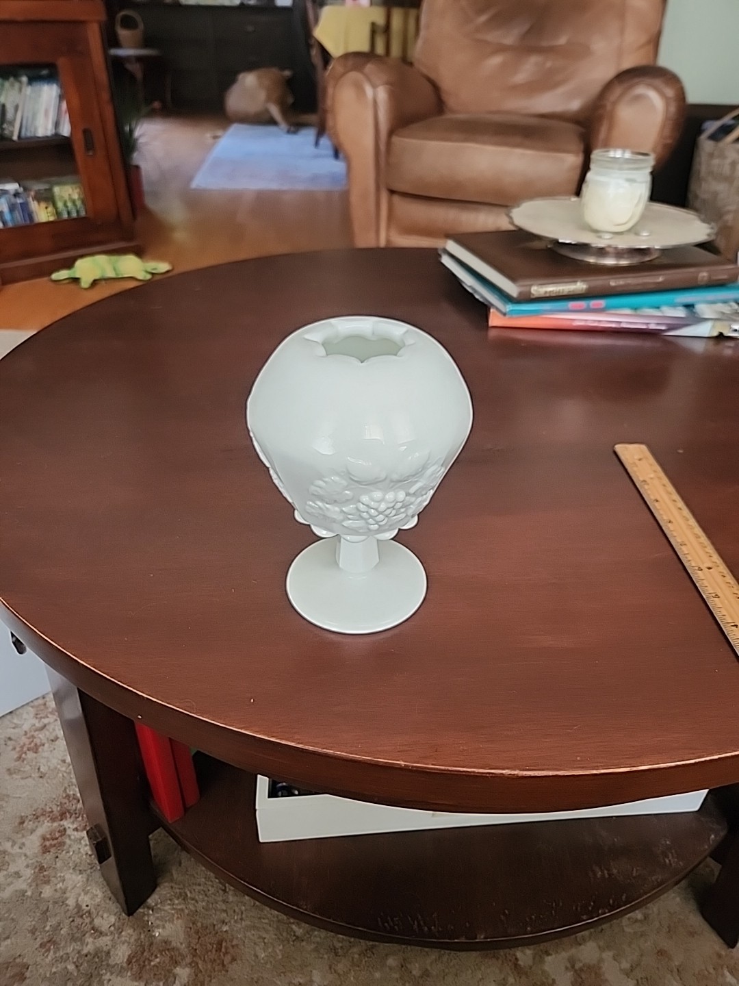 Westmoreland Paneled Grape Milk Glass Ivy Ball Vase - 6.5”T  5”W