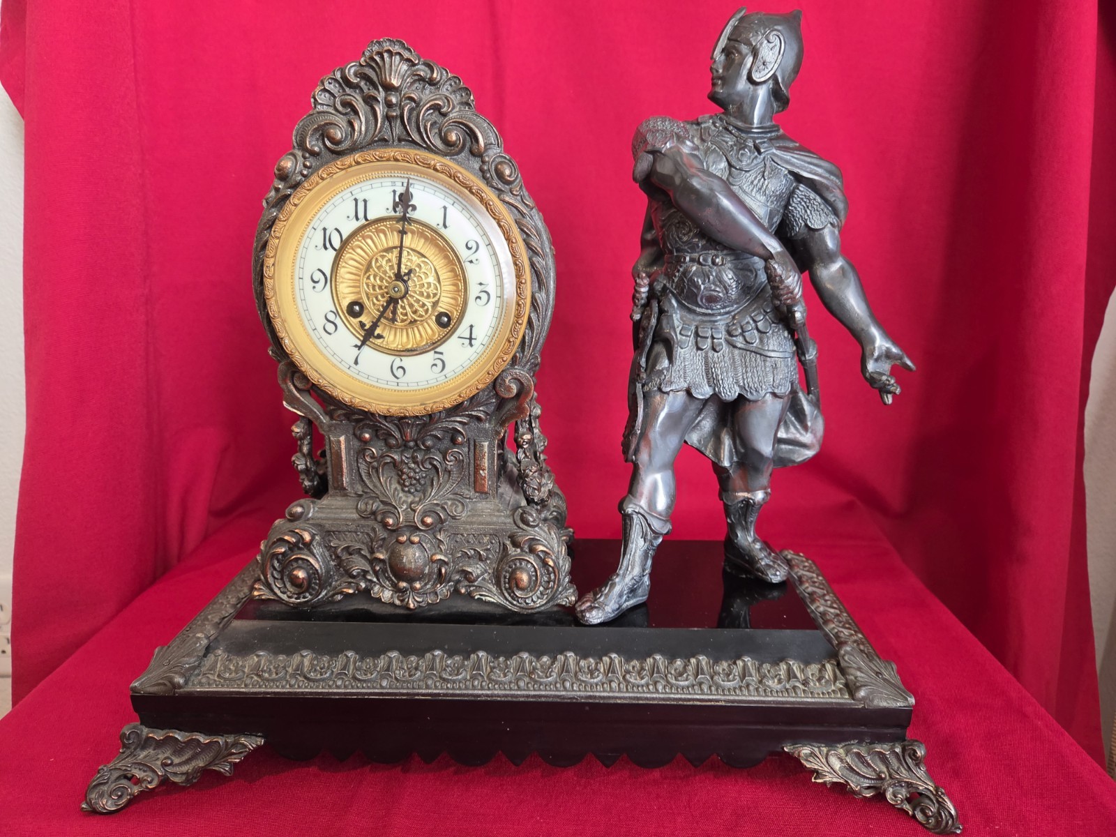 Antique Waterbury Figural Mantel Clock Armored Warrior Soldier Statue c1900