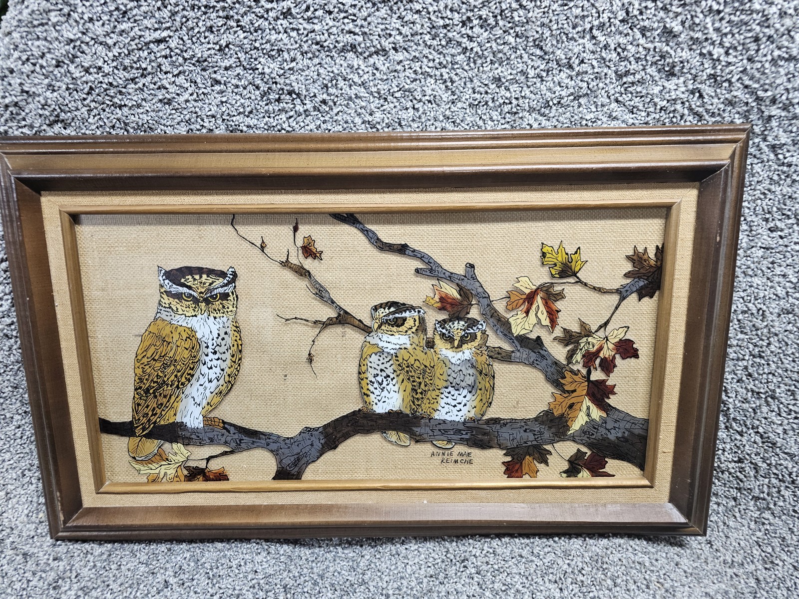 VTG FRAMED HANGING DECOR REVERSE PAINTED GLASS W 3 OWLS 29.5
