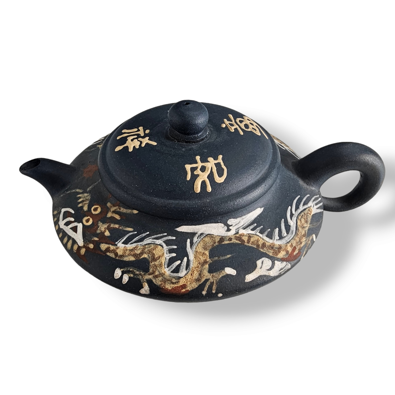 Vintage Chinese Yixing Dragon Teapot Black Clay Hand Painted Calligraphy 7