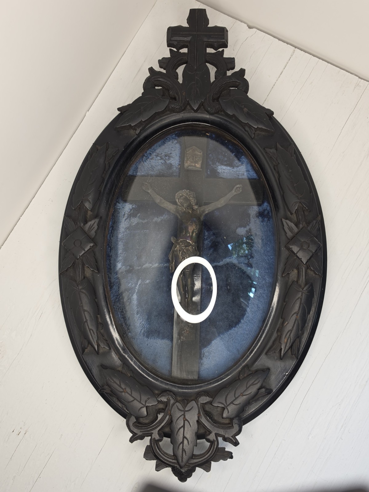 Incredible Antique Black Forest Crucifix Convex Glass Gothic Jesus Hand Carved