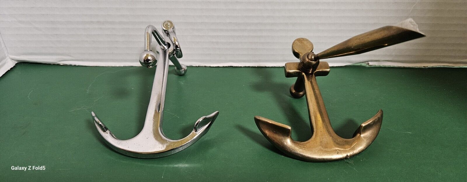 Two Vintage Metal Ship Anchors (1) Chrome (1) Brass Pen Holder Anchors. Great...