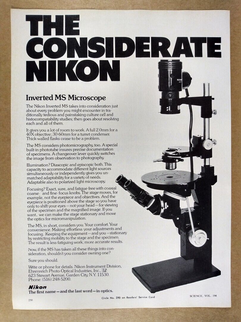 1976 Nikon Inverted MS Microscope vintage print Ad