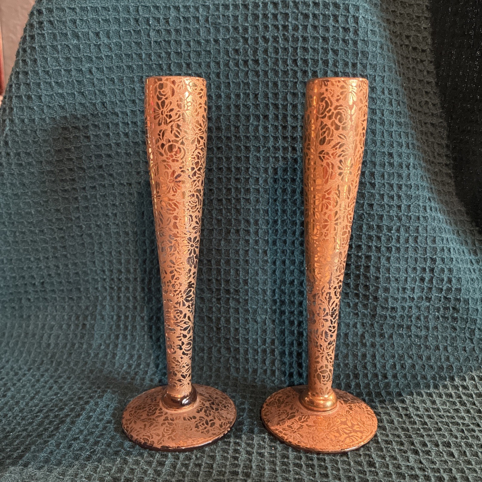PAIR Vintage MCM Ransgil Crystal 22k Gold Bud Vases Candle Holders 6” Set of 2
