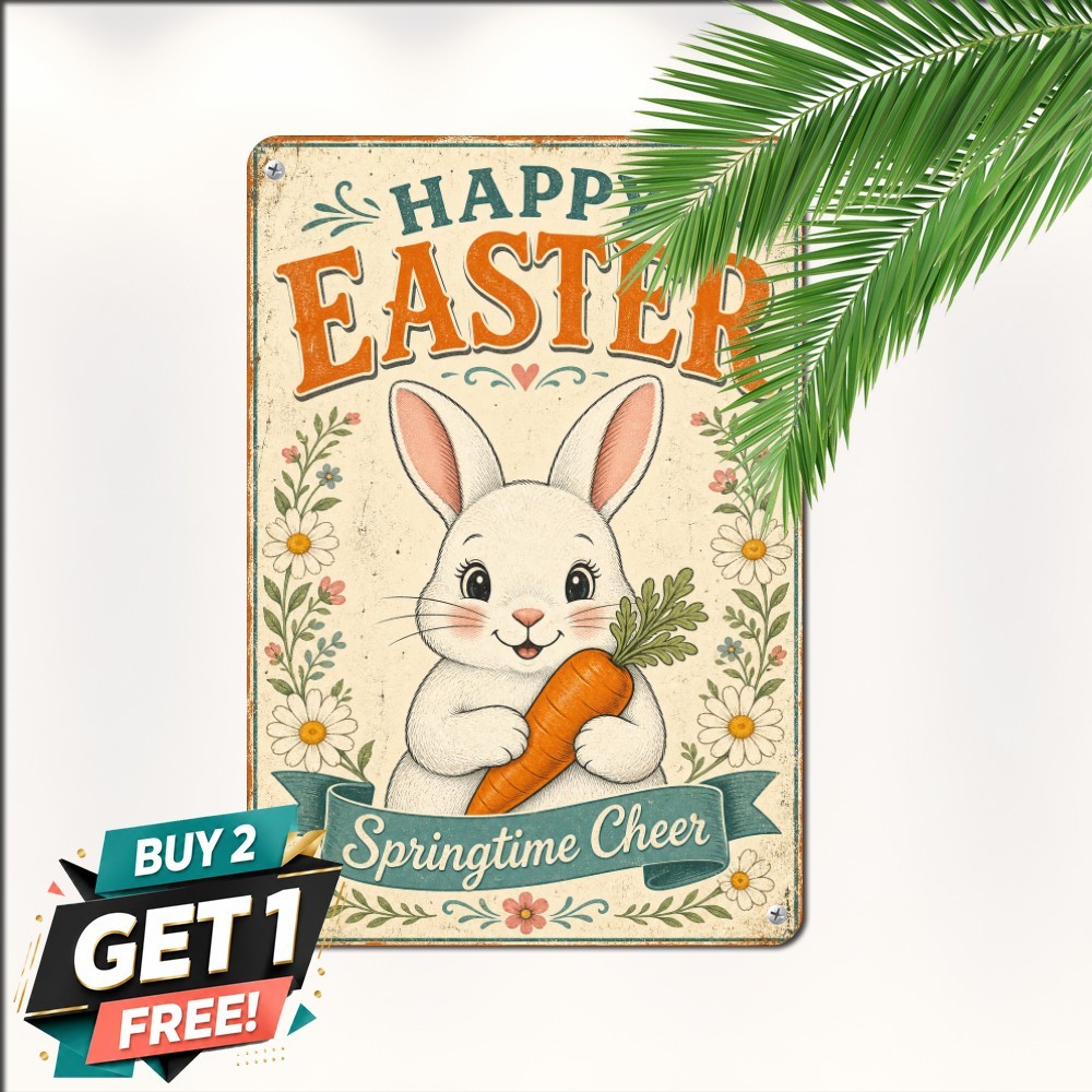 Cheerful Easter Rabbit Metal Sign Cute Spring Bunny Floral Wall Plaque