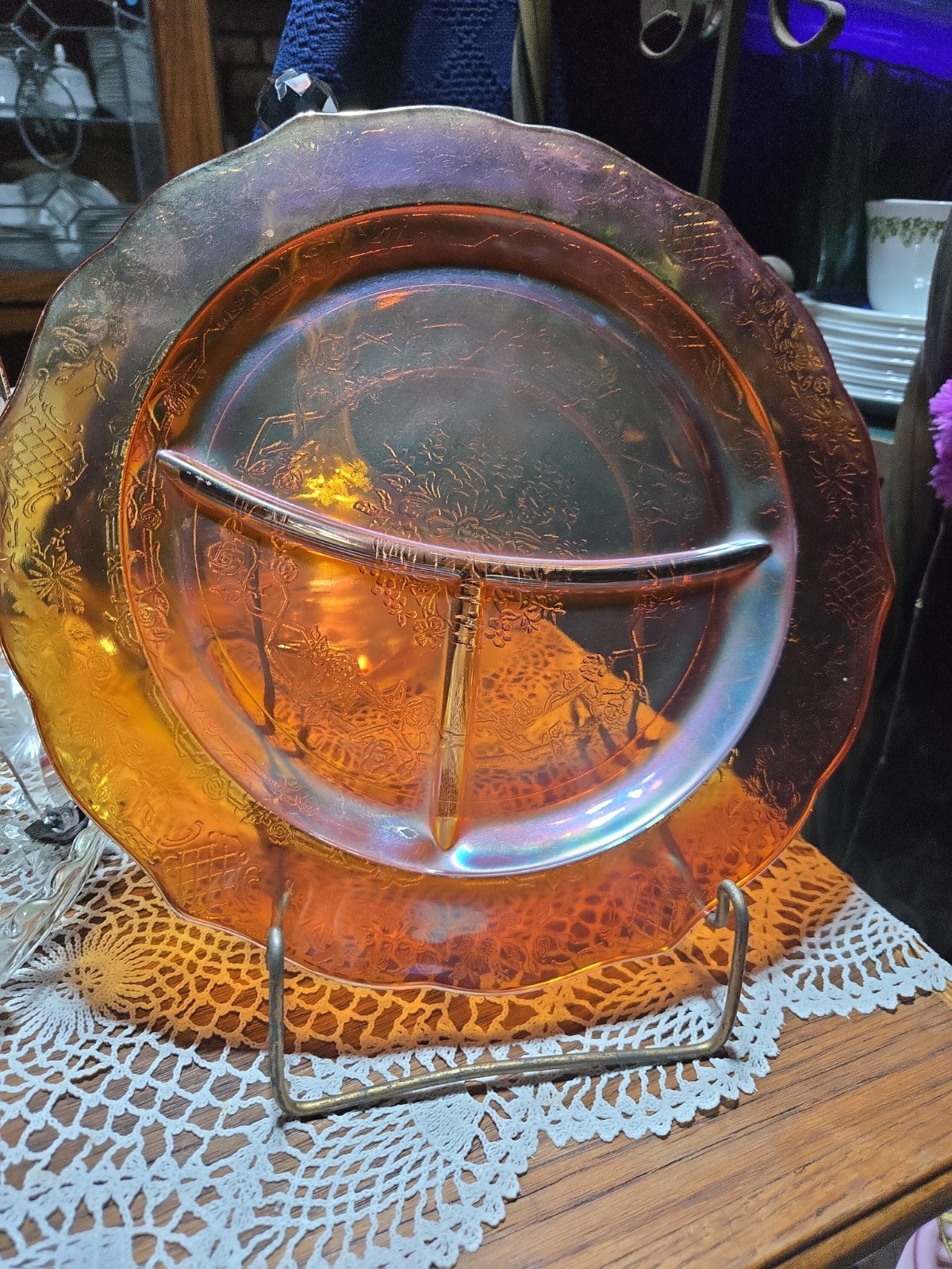 Vintage Federal Normandie Marigold Carnival Glass Grill Dinner Plate