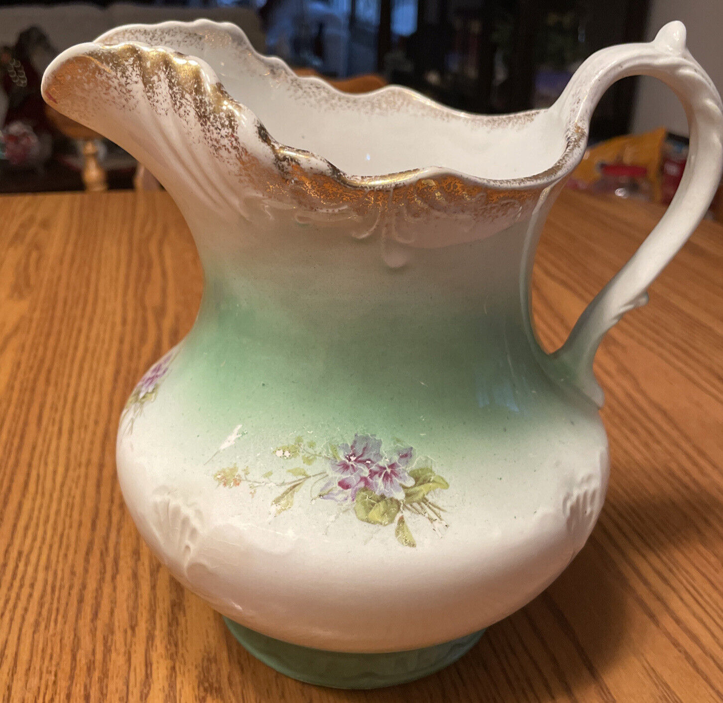 Antique W.E.P Co China Water Pitcher W/green Tint Gold on Rim Floral Pattern
