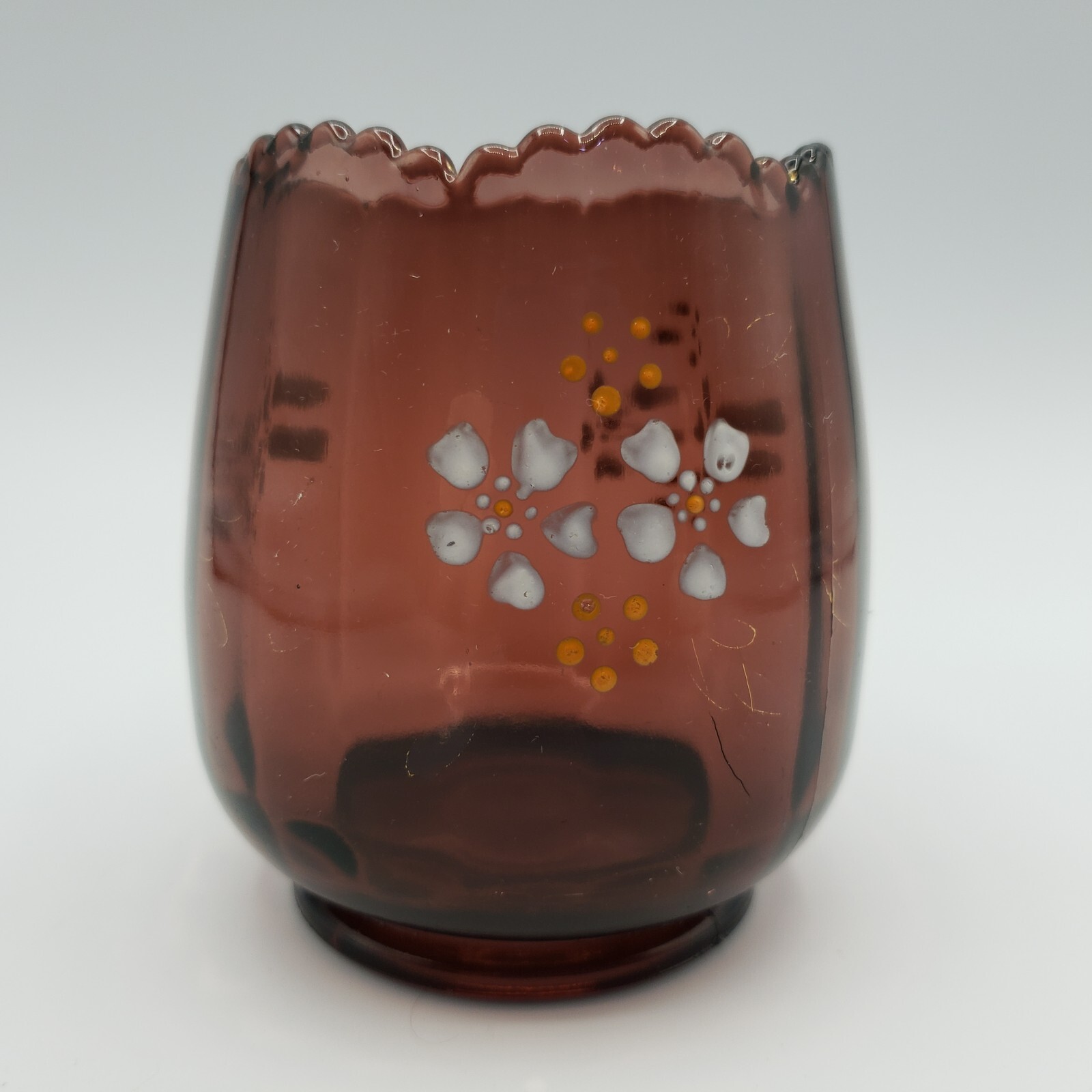 Vintage EAPG Jefferson Amethyst Glass Vase Spooner Hand Painted Panel Optic