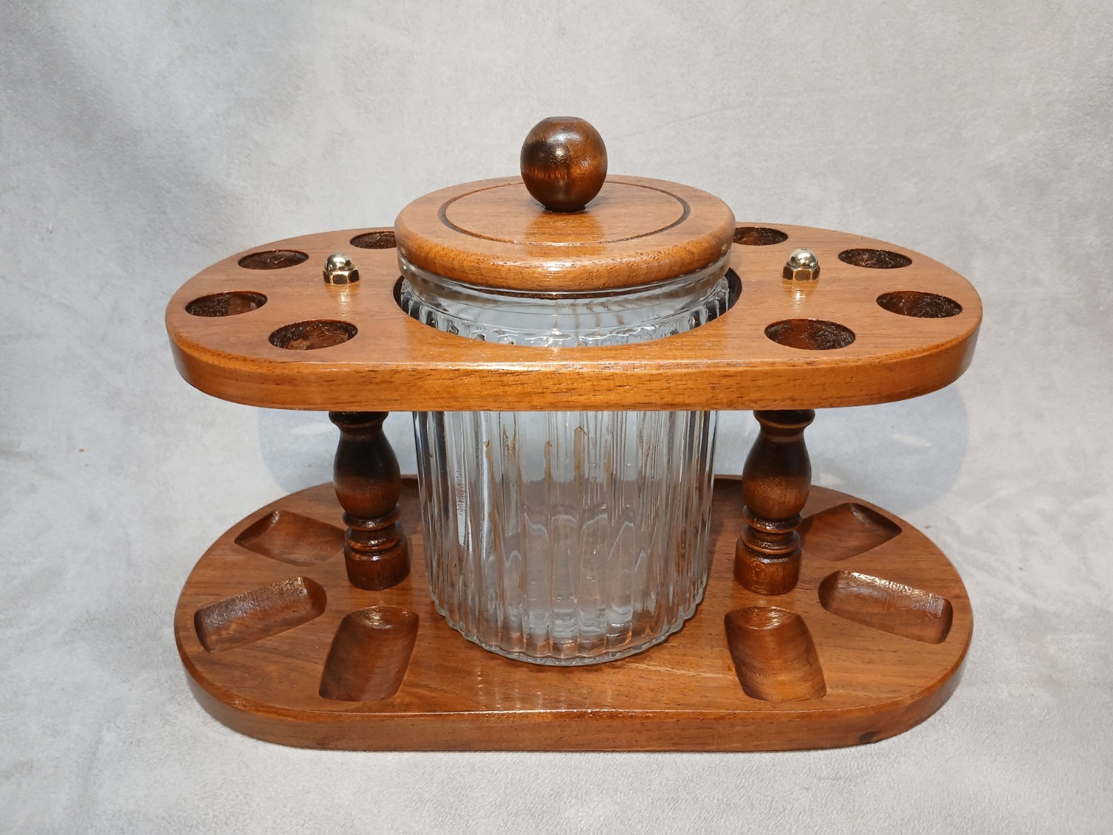 Dun-Rite Walnut 6 Tobacco Pipe Stand W/Heavy Glass Humidor Excellent Condition 