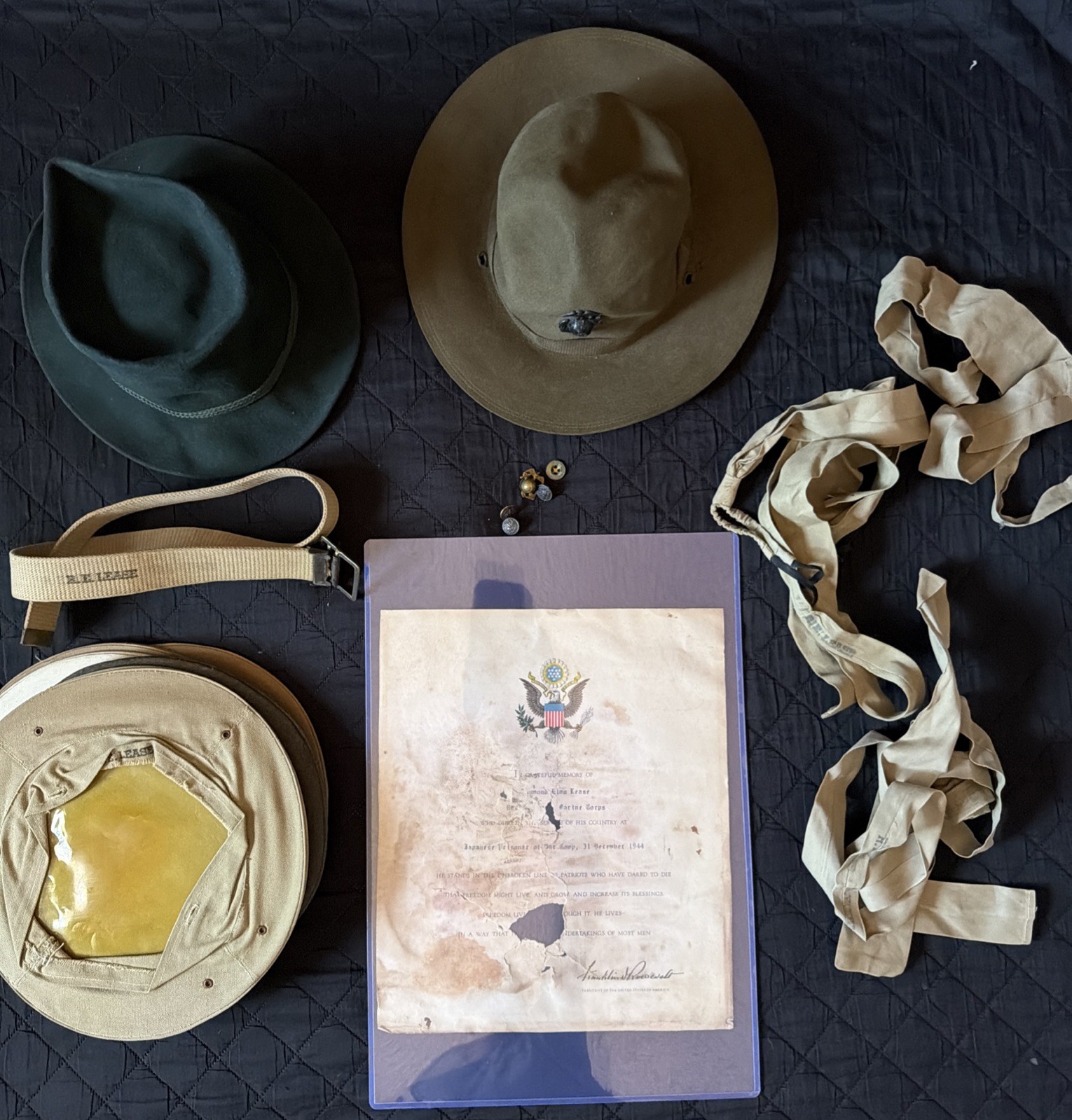 WWII USMC China Marine POW Raymond Lease Lot 1941 FDR Doc- Campaign Hat Tientsin