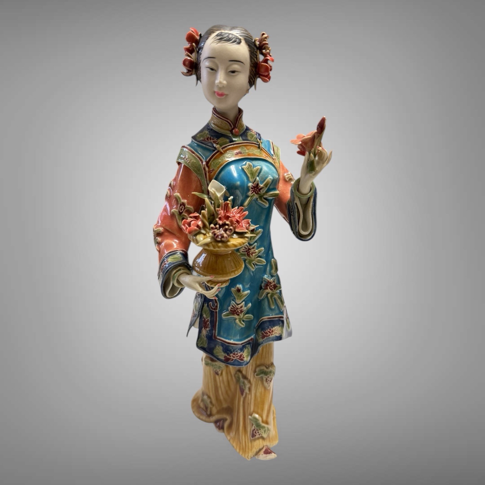 Shiwan Wucai Chinese Pottery Porcelain Woman Holding a Basket Figurine \