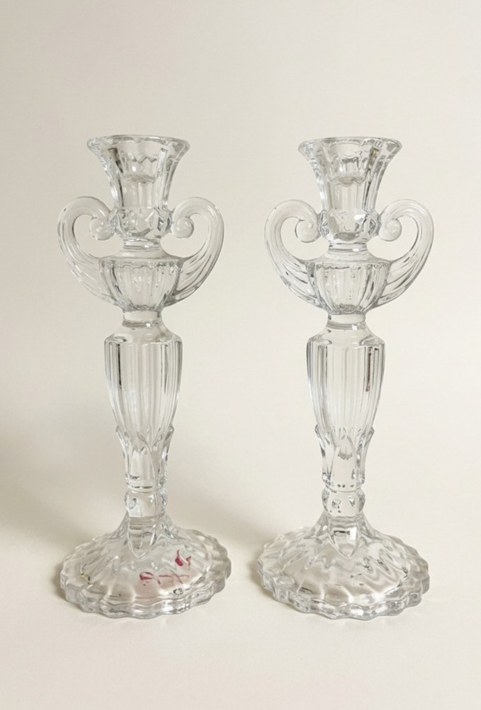 Vintage Clear Glass Candlestick Holders Double Handle Taper Candle Stand Set