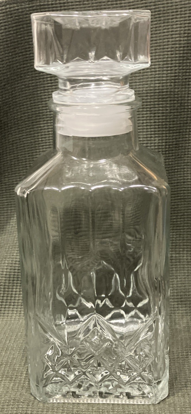 Decanter - 9 1/2 inch, glass.  Etched design, brand new never used