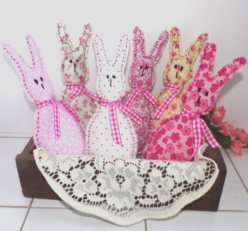 Adorable Hand-Crafted Fabric Easter Bunny Decoration Pastel Blue Pink Brown BOGO