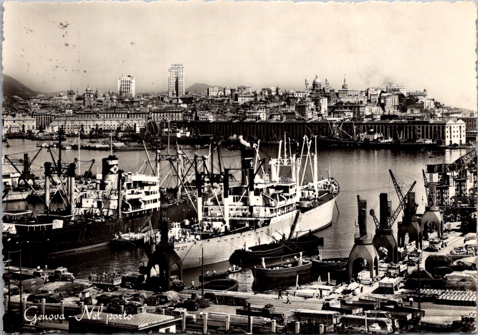 Harbor View Genoa Italy Ships Cranes City Skyline Stamp Real Photo RPPC Postcard