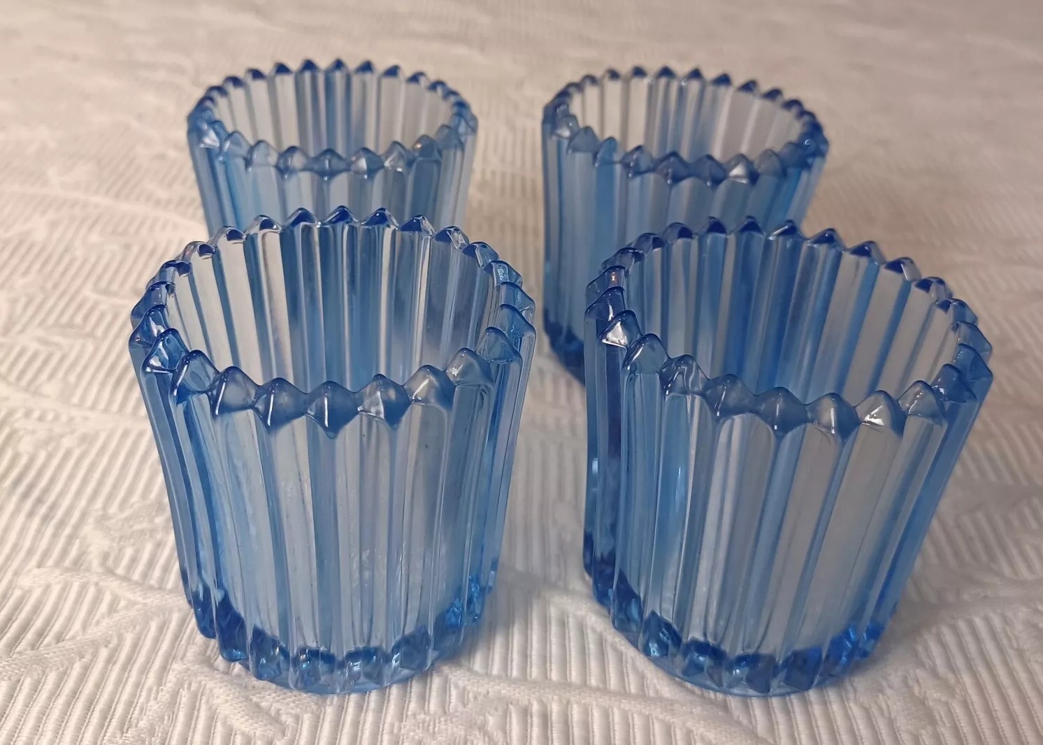 Vtg Set 4 Blue Glass Candle Holder Votive Cup Ribbed  Lot MCM BOHO With Candles 