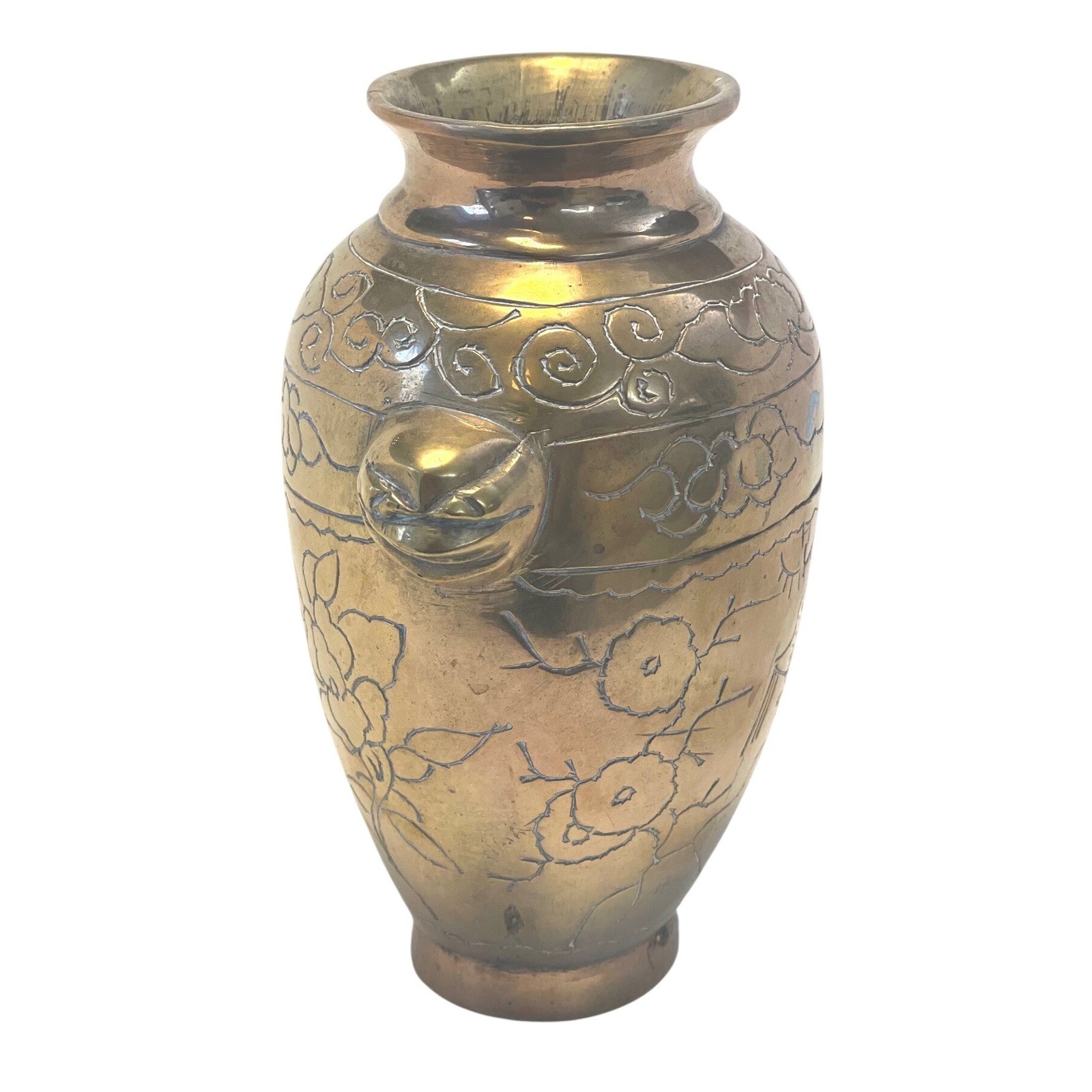 Vintage Chinese Qianlong Style Engraved Brass Vase Asian Floral Design 7\