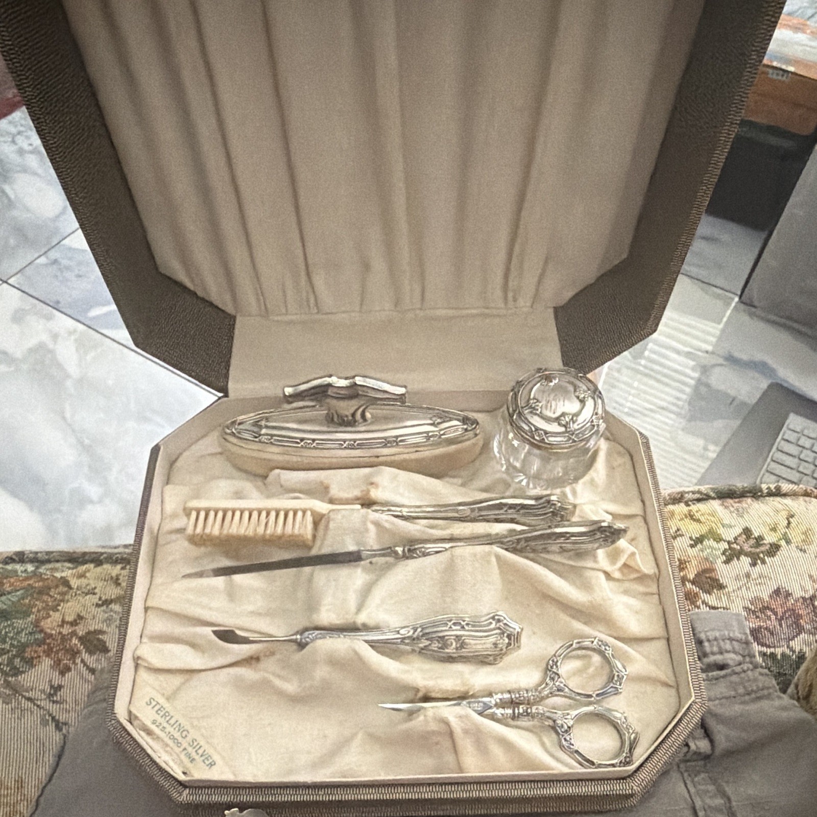 Antique Sterling Silver Manicure Vanity Set Cased 925 German Tools Glass Jar