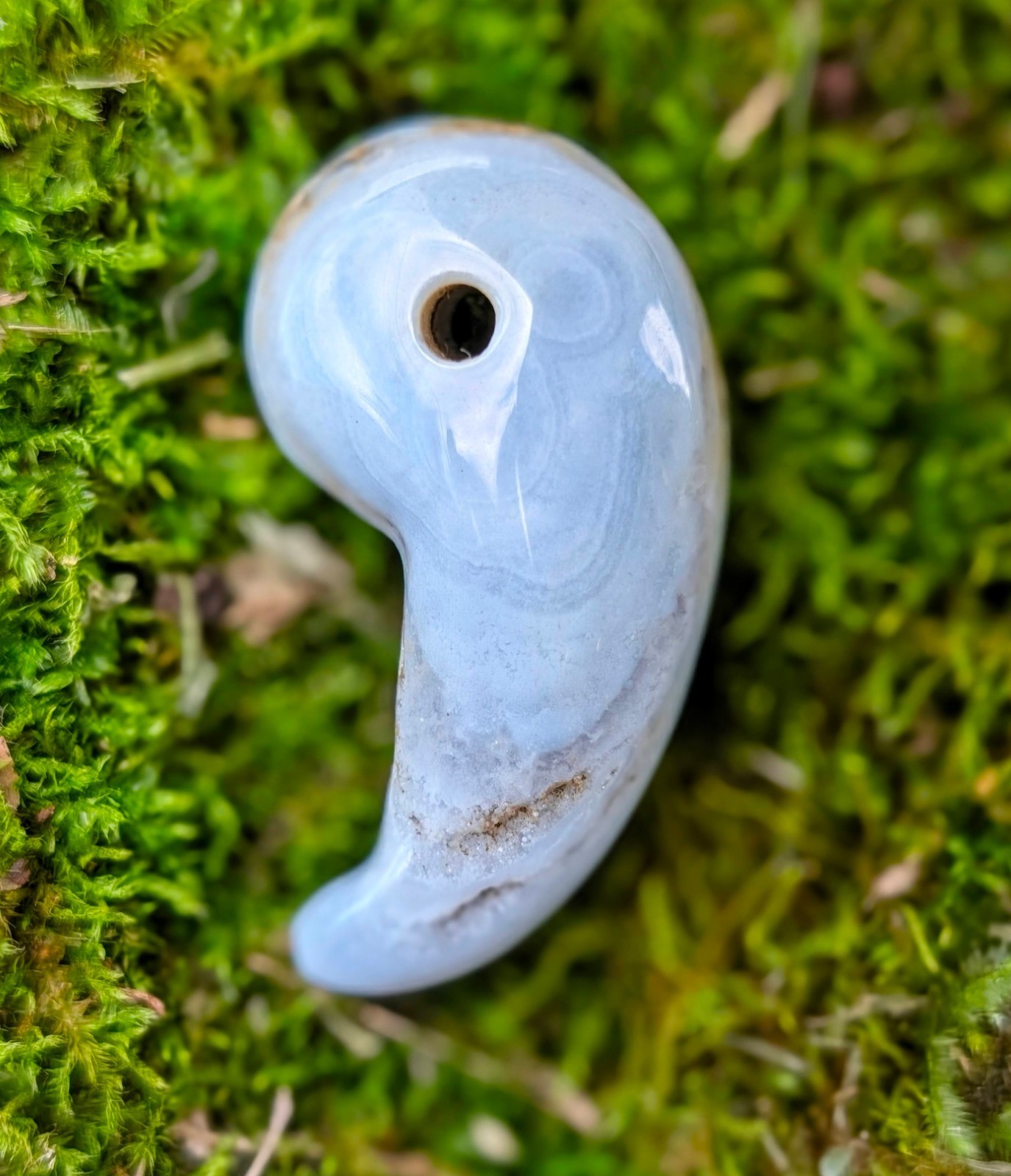 Hand Carved Blue Lace Agate Magatama 38mm Japanese Retired Master Artisan Amulet