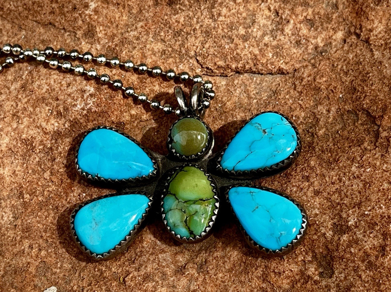 VTG Jacqueline Gala Hopi Silver w Turquoise Butterfly Signed Pendant large Taos