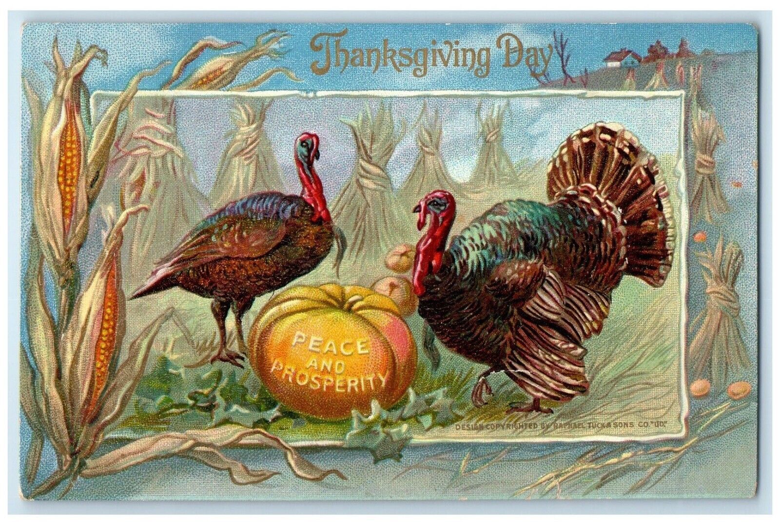c1910's Thanksgiving Day Turkey And Pumpkin Corn Embossed Tuck's Posted Postcard