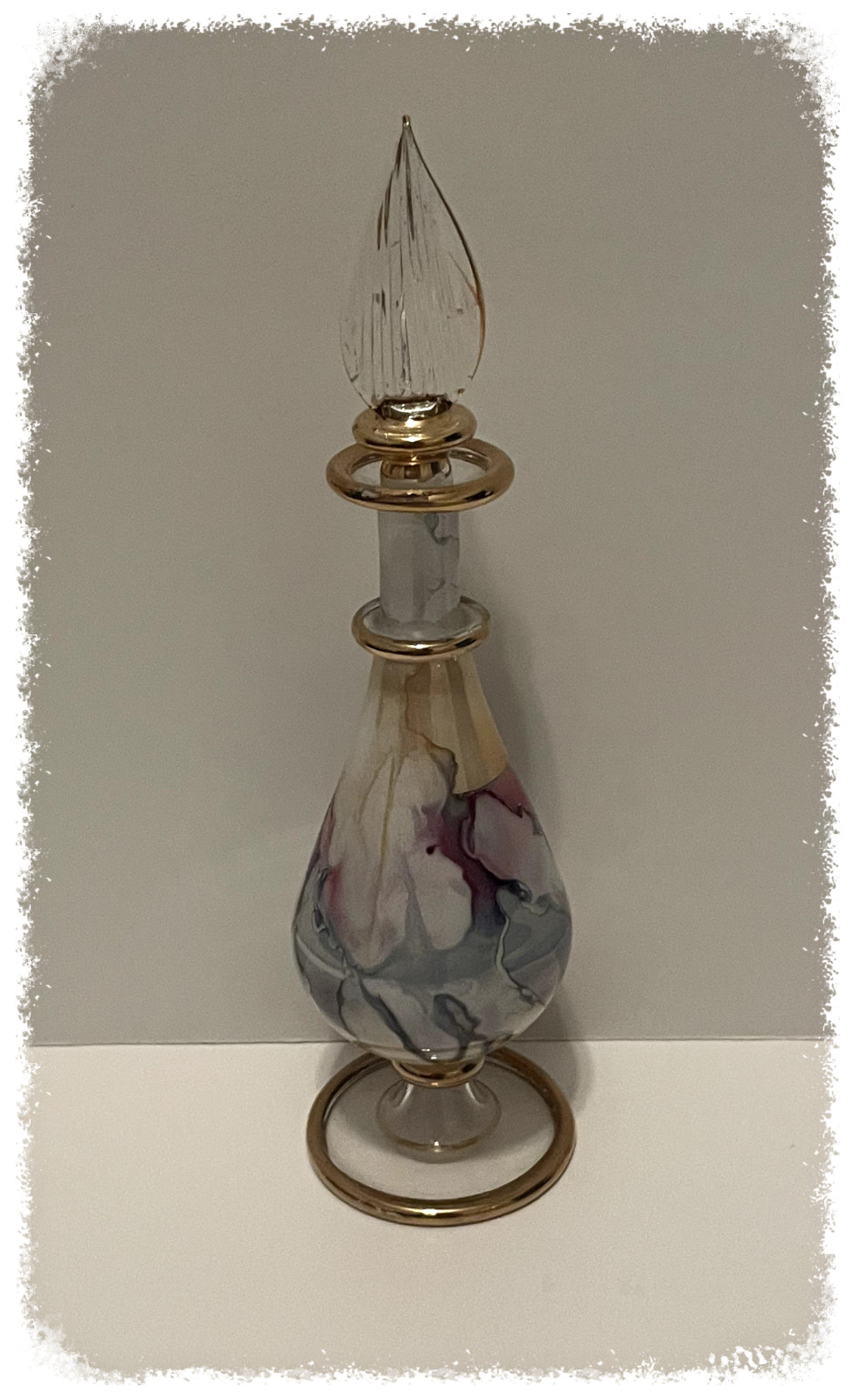 Vintage Egyptian Hand Blown Art Glass Perfume Bottle Marbled Gold Trim 6.25\