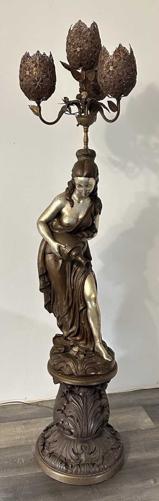 VTG ARP Figural Floor Lamp Hollywood Regency Goddess Statue 3 Light Ornate Shade