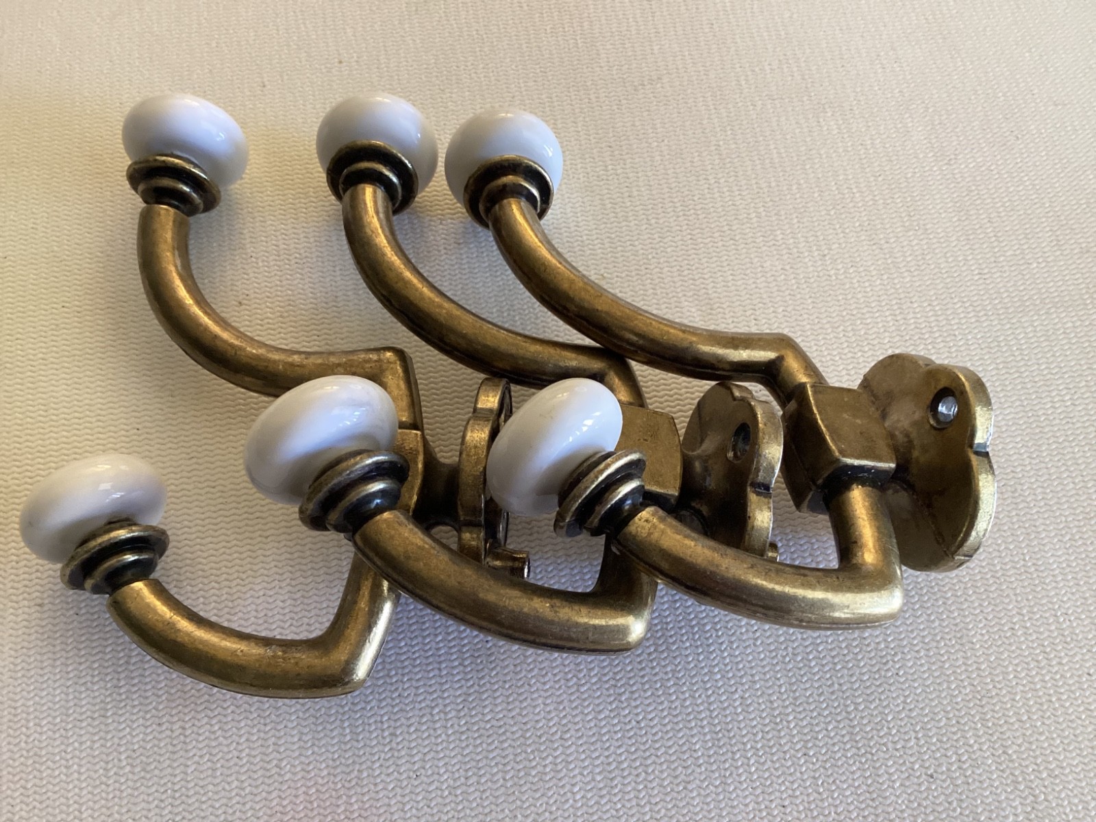 VTG set 3 brass and porcelain 2 hook  wall mount rack hanger  coats hats towels