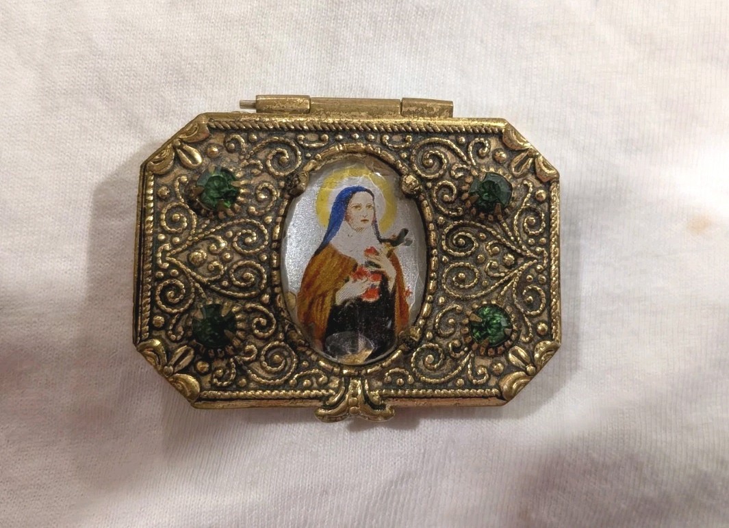 Vtg Antique French Brass Rosary Trinket Box Catholic St Therese Of Lisieux Icon