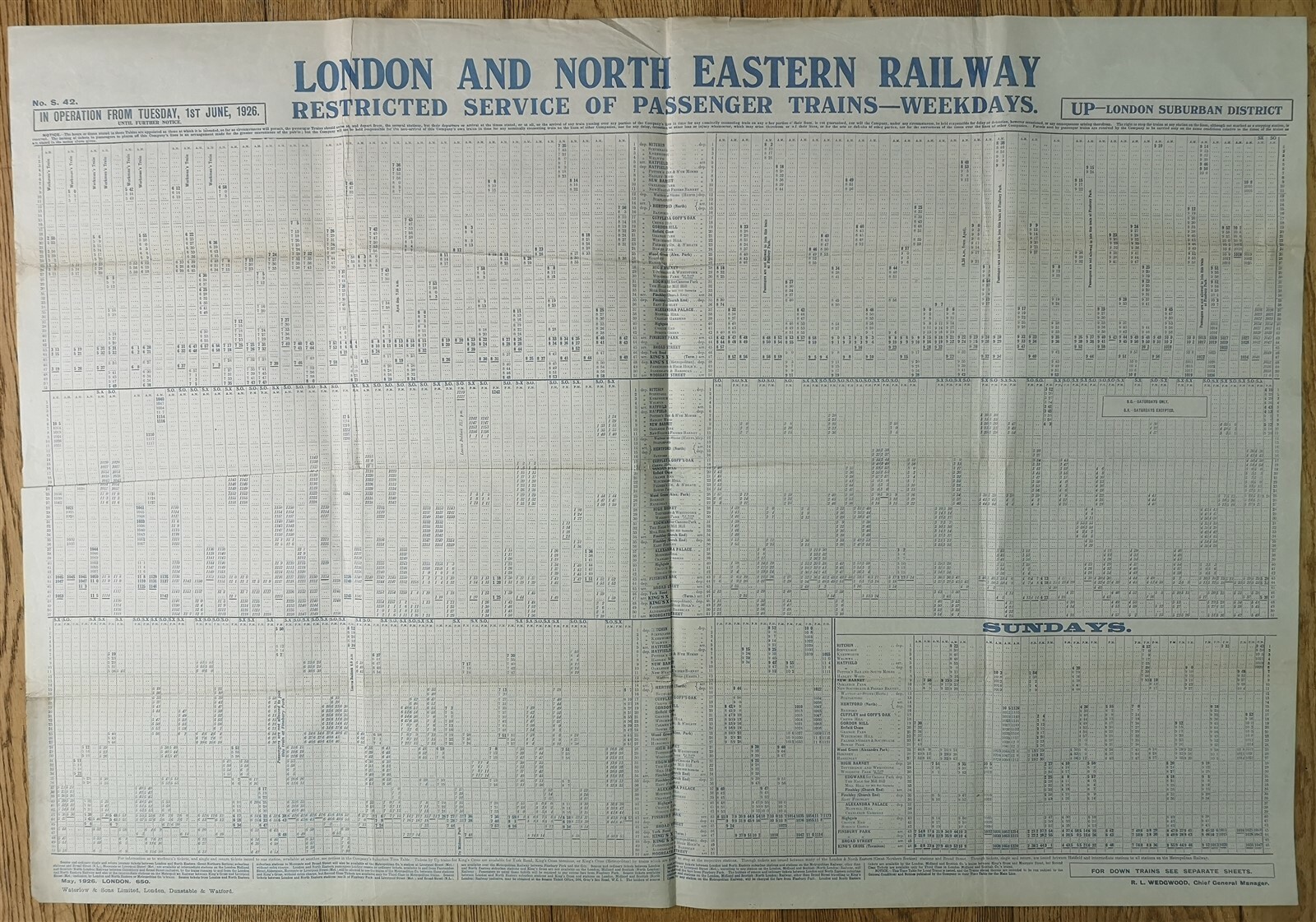 LNER RAIL POSTER GENERAL STRIKE TIMETABLE EAST COAST MAIN LINE SUBURBAN UP 1926