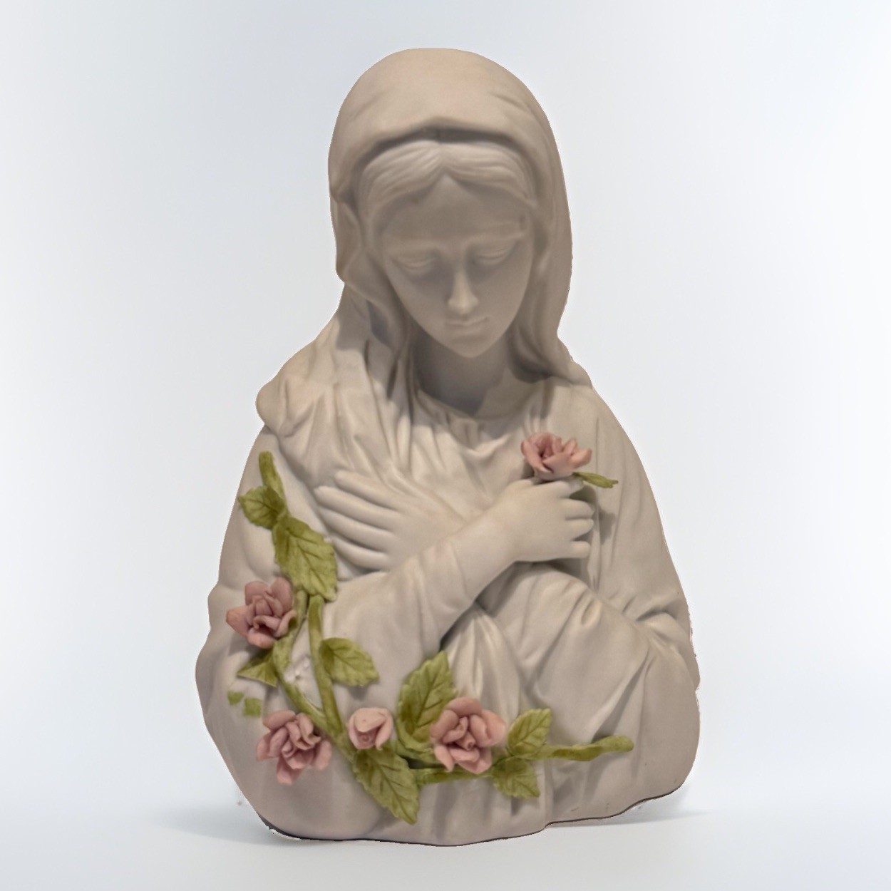 Vtg Enesco Madonna Virgin Mary Bust White Bisque Applied Pink Roses E5340