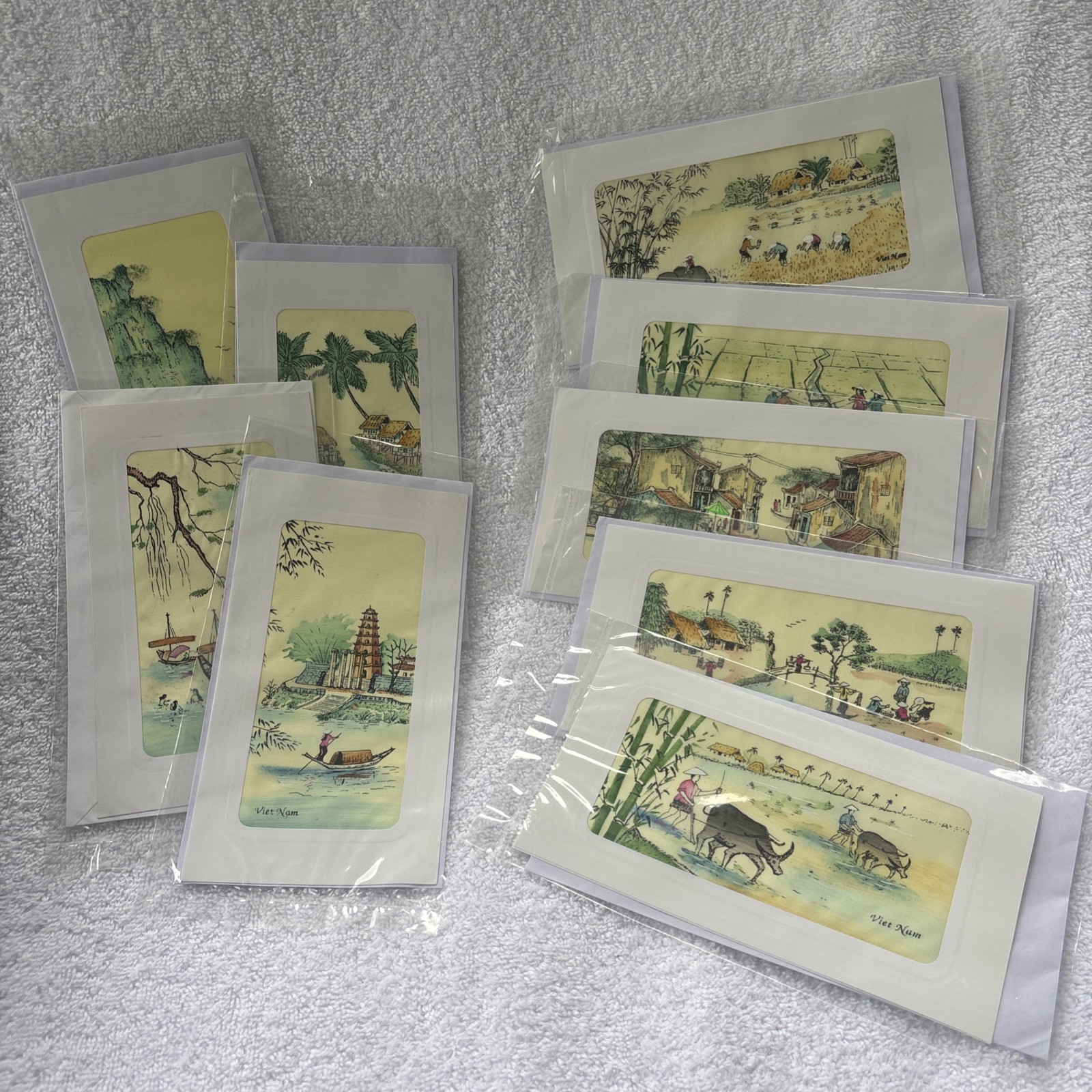 9 Vintage Vietnam Greeting Cards Hand-Painted Fabric Silk Art Village Scenes
