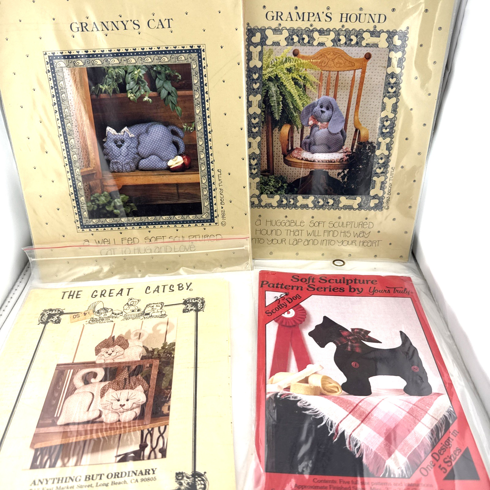 Vintage Lot -4 Stuffed Cat Dog Craft Patterns by All Cooped up UNCUT New USA