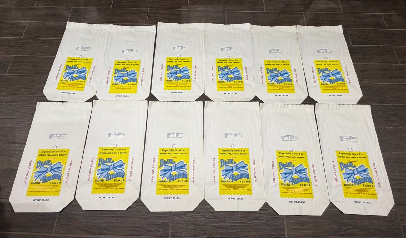 Lot 12 Vintage Blue Ribbon Flour Sacks Bags Piqua Milling Co Ohio 25 lb NOS New