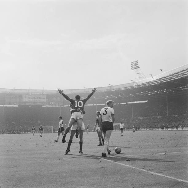 Geoff Hurst being hugged by team-mate at Wembley Stadium 1966 OLD PHOTO