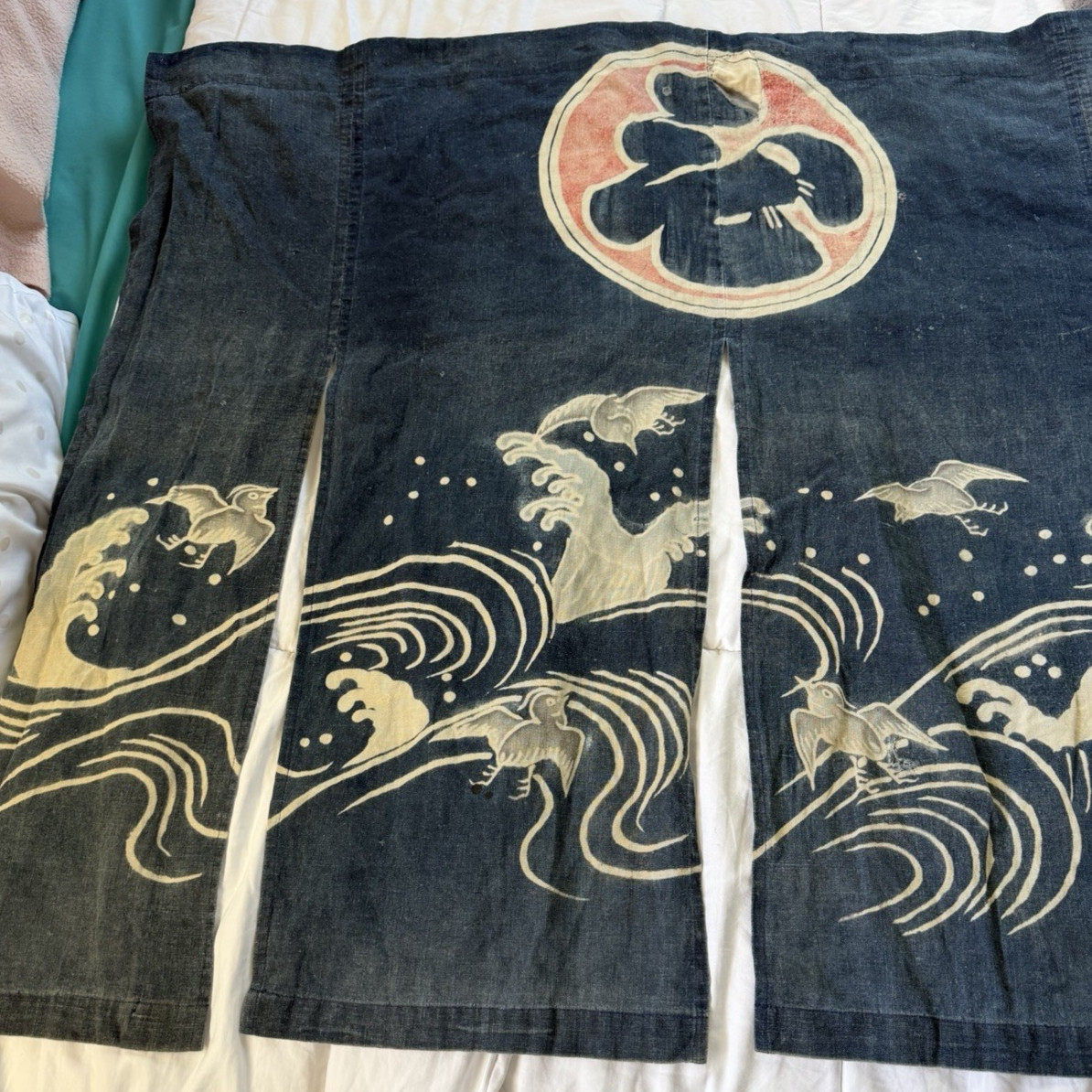 Antique Japanese Indigo Cotton 4 Panel Noren Doorway Curtain Tsutsugaki Toro