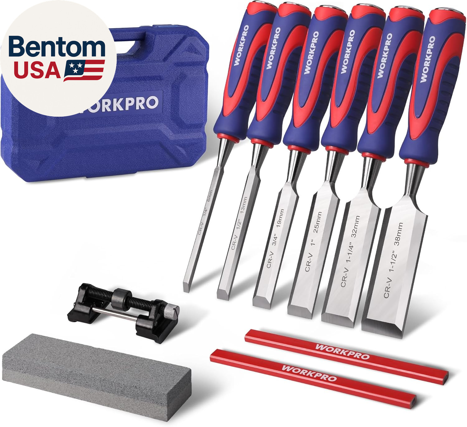 10-Piece Wood Chisel Set for Woodworking, Cr-V Bevel Edge Chisels (1/4